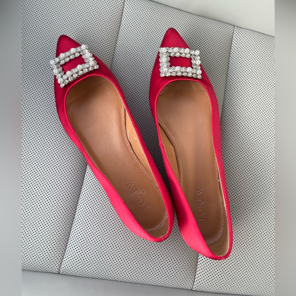 J. Crew Red Flats with Crystal Embellishment